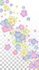 Vector Realistic Blue Flowers Falling on Transparent Background.  Spring Romantic Flowers Illustration. Flying Petals. Sakura Spa Design. Blossom Confetti. Design Elements for Wedding Decoration.