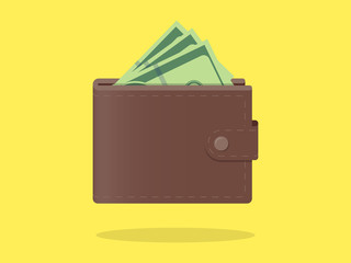 Brown wallet with green paper money Online payment concept. Vector Icon