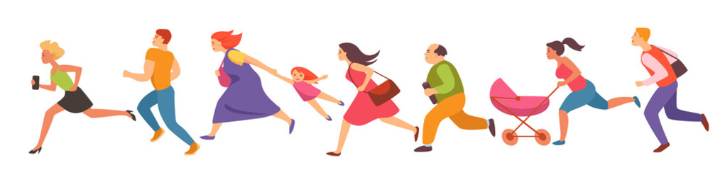people of different gender and age run set. flat vector illustration.