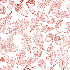 Seamless pattern of oak leaves and acorns. Autumn line drawing. Vector
