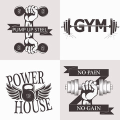 Obraz premium Set of bodybuilding emblems. Sport equipment. Vector illustration