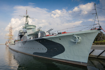 Ship museum Grom class destroyer ORP Blyskawica (Thunderbolt) in Port of Gdynia city, Poland.