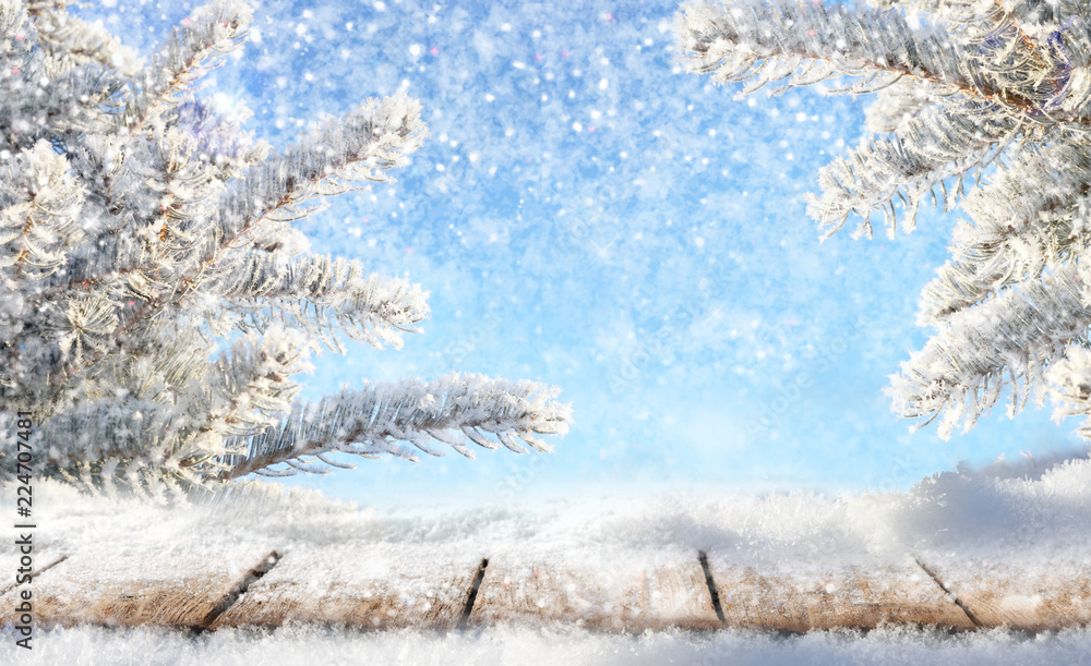 Poster winter christmas scenic background with copy space and snowfall. wooden flooring was strewn with sno