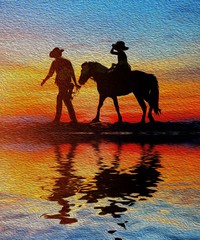 silhouette Cowboy riding a horse on sunrise. oil painting © rathchapon