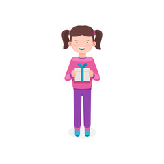 Happy little girl in pajamas with gift box. Vector illustration in flat style isolated on white background