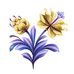 abstract flower, botanical illustration, decorative tulip, rose, lily, curly leaves, vintage acanthus, clip art element isolated on white background