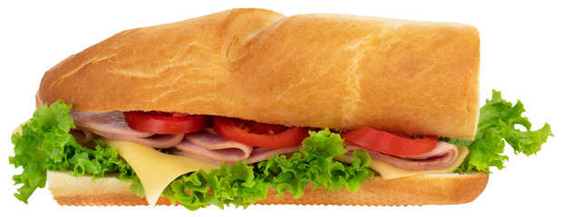 Fresh baguette sandwich with ham, cheese, tomatoes, and lettuce isolated on white background.