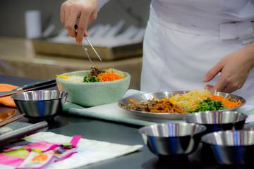 Bibimbap, Korean food, Chef preparing food, meal, chef cooking in kitchen