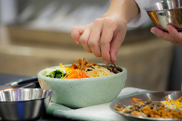 Bibimbap, Korean food, Chef preparing food, meal, chef cooking in kitchen