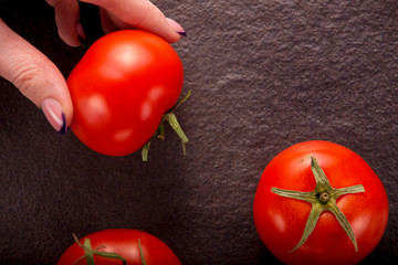 red, ripe, tomatoes close-up, flat lay