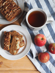 apple pie with tea. Homemade seasonal autumn dessert. Vertical top view