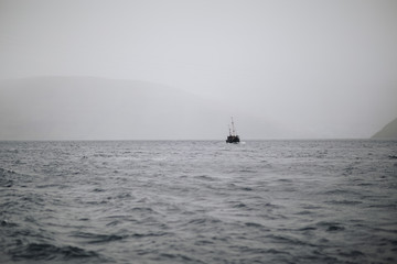 Fishing boat swimming trough a fjord in faroe islands