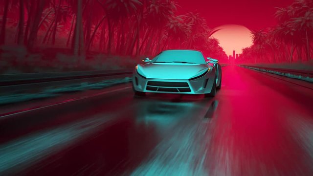 Synthwave, retro style, fast sports car driving away from a big city skyscrapers