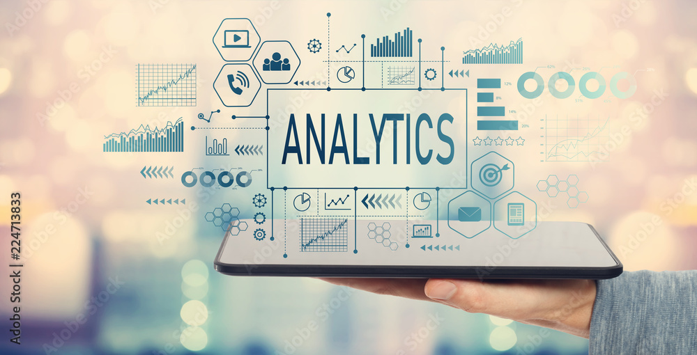 Poster analytics with man holding a tablet computer