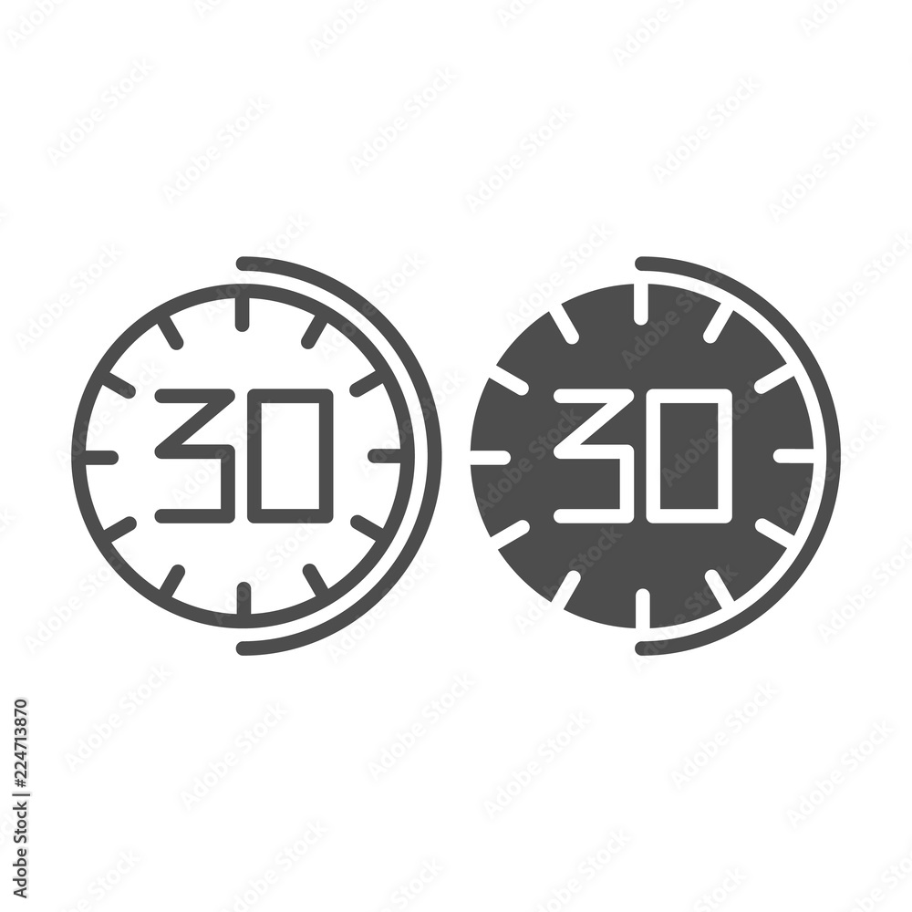Poster 30 minutes watch line and glyph icon. thirhty seconds time vector illustration isolated on white. ha