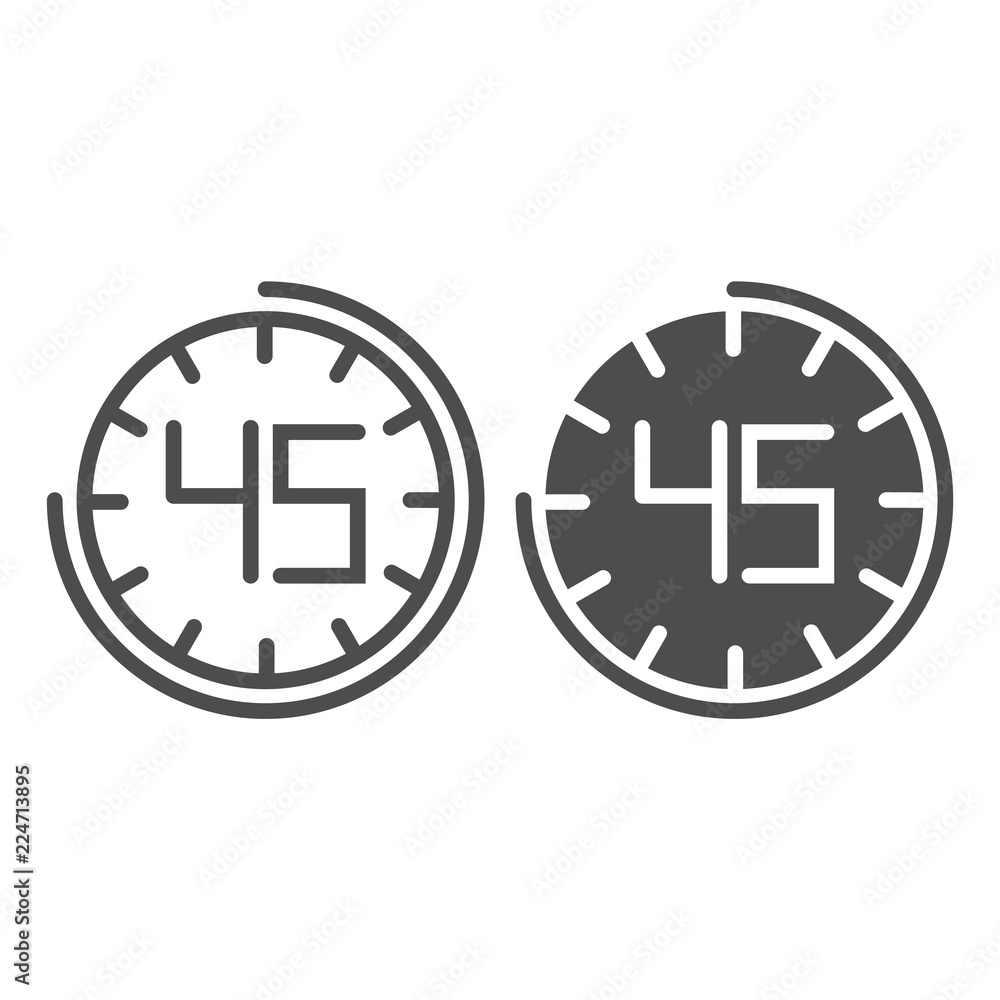 Poster fourhty five seconds on watch line and glyph icon. 45 minutes time vector illustration isolated on w