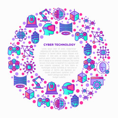 Cyber technology concept in circle with thin line icons: ai, virtual reality glasses, bionics, robotics, global network, microprocessor, nano robots, blockchain. Vector illustration for print media.