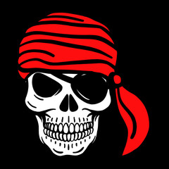 hand drawn vector pirate skull. Pistols, shawls, pirate hat, eye patch, headscarf