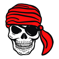 hand drawn vector pirate skull. Pistols, shawls, pirate hat, eye patch, headscarf