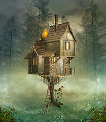 Fantasy bizarre house in a foggy forest