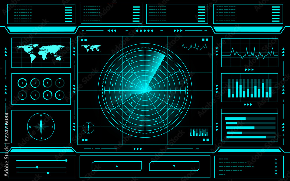 Aufkleber radar control panel abstract technology interface hud on black background vector design.
