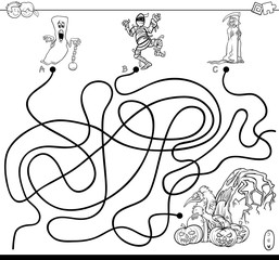 maze with spooky Halloween characters color book