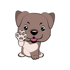 Children vector illustration of funny little Sitting puppy dog raised his front paw and looking up. cheerful puppy with a raised paw.