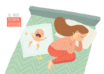 Postpartum depression. Postnatal depression. Baby s blues. Cartoon vector hand drawn eps 10 illustration isolated on white background.