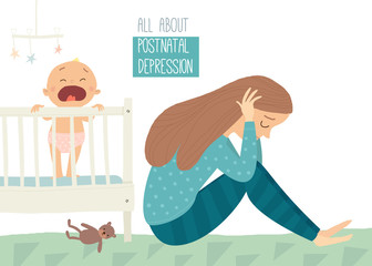 Postpartum depression. Postnatal depression. Baby s blues. Cartoon vector hand drawn eps 10 illustration isolated on white background.