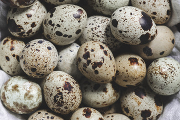Fototapeta premium top view of fresh raw organic unshelled quail eggs
