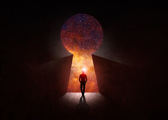 Man in front of open door with universe behind