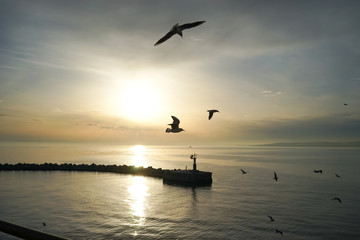 The Kerch Strait at sunset, the view of the sea.