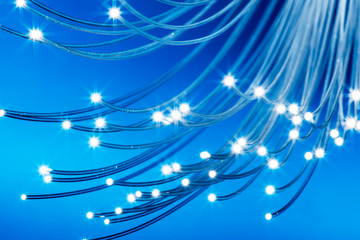Bundle of optical fibers with lights in the ends. Blue background.