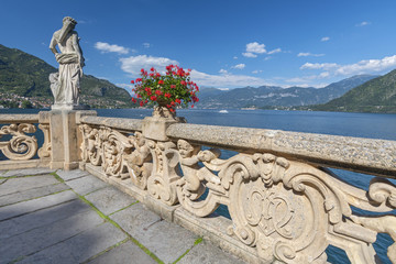 View of old terrace in the park of villa Balbianello, Como lake, Italy.