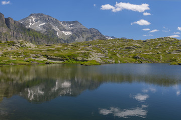 View at Moesola alpine lake near San Bernardino mountain pass, Switzerland.