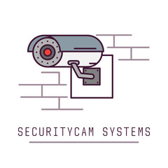 Security cam on wall with bricks. Securitycam system. Video surveillance illustration. Cctv vector image.  