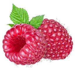 Two ripe raspberries with leaf on white background.