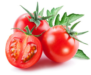 Two cherry tomatoes and a half of tomato. White background.
