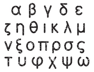 Greek alphabet grunge letters, font set, with round corners, black isolated on white background, vector illustration.