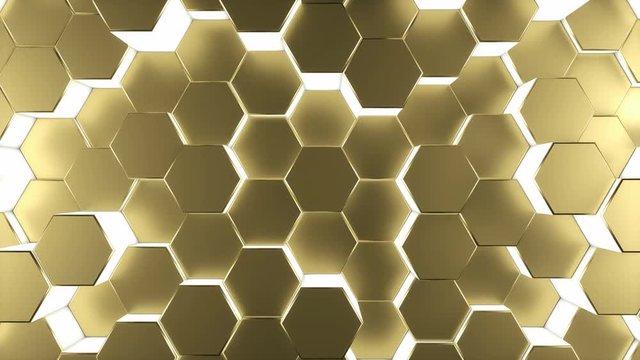 Abstract gold hexagon with light illumination. Seamless loop footage.