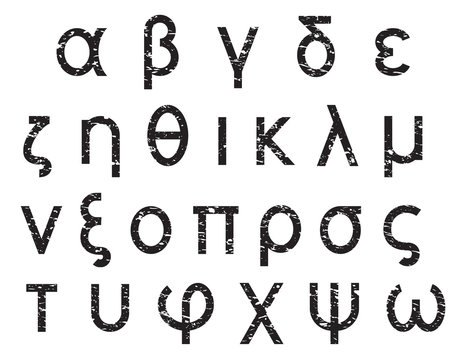Greek alphabet grunge letters, font set, black isolated on white background, vector illustration.