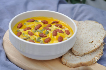 pumpkin soup with pumpkin seed and almond