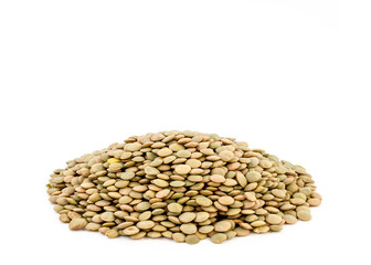 Heap of green lentil isolated on white background