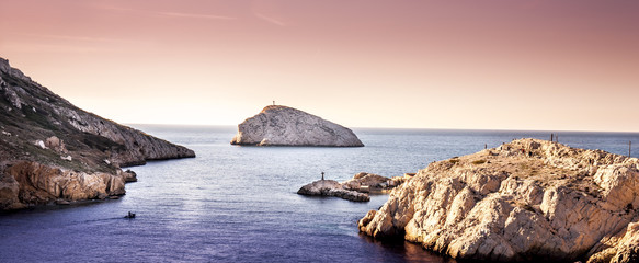 Rocks seascape during sunset at Mediterranean sea, Marseille, France