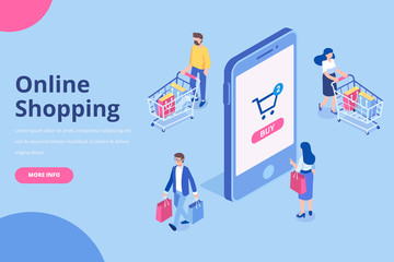 Fototapeta na wymiar Online shopping isometric concept. Big Sale. Young Women and men characters with shopping bags and shopping carts. Flat vector illustration.