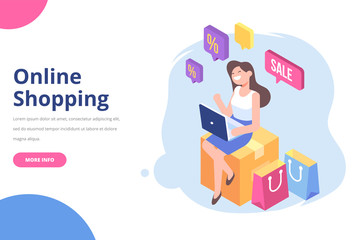 Pretty  young woman with laptop sitting on box among colorful shopping bags and making online shopping. Big Sale. Flat isometric vector illustration isolated on white.