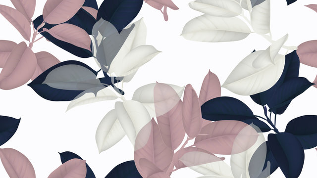 Floral seamless pattern, blue, pink and white Ficus Elastica / rubber plant on white background © momosama