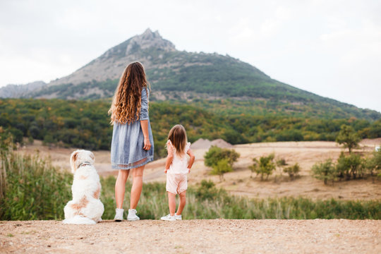 A Family With A Large Dog And A Small Child In The Mountains. View From The Back. Space For Text.