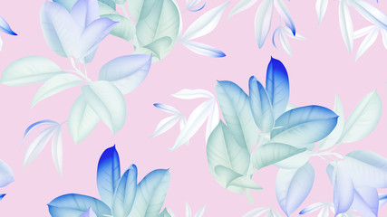 Floral seamless pattern, blue and white Ficus Elastica / rubber plant on pink background