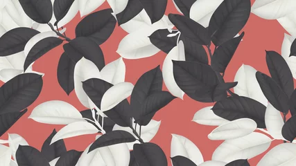 Foto op Canvas Floral seamless pattern, black and white Ficus Elastica / rubber plant on red background © momosama